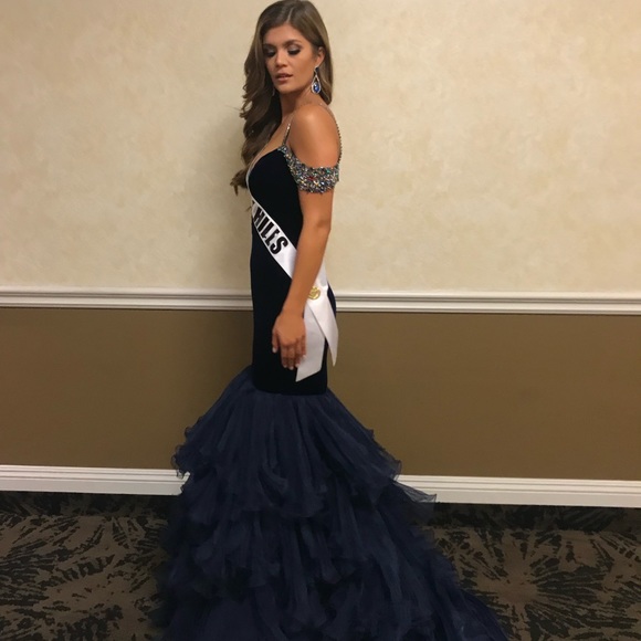 Sherri Hill velvet couture gown navy deep blue - Picture 4 of 6